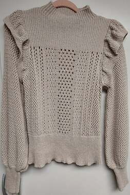 Happy Nature Ruffled Sleeve Crochet Sweater ~ Beige ~ Women's S ~ Indie ~ Retro